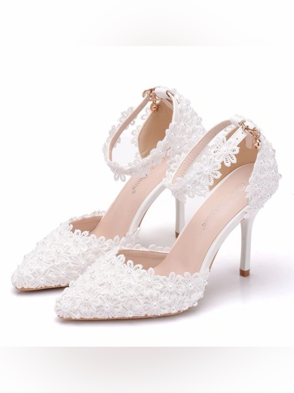 Crystal Queen Women's Thin High Heels Wedding Shoes w/ Lace & Pearls Shoe Pumps